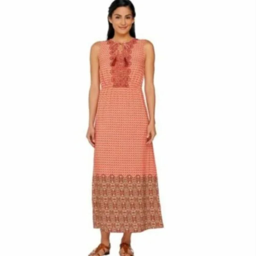 ISAAC MIZRAHI GEO PRINT EMBROIDERY MAXI DRESS